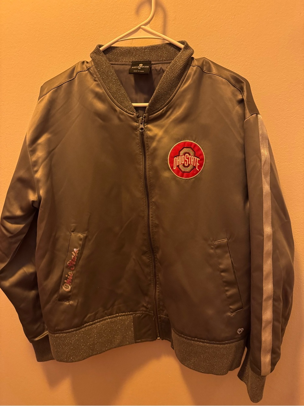 Colosseum Gray Satin Bomber Jacket with Red Ohio State Patch